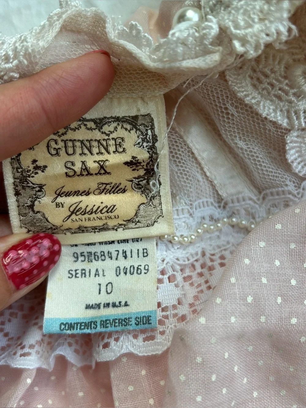Gunne Sax Pink Polka Dot Lace Dress with Pearl Trim High Victorian Neckline - Picture 4 of 9